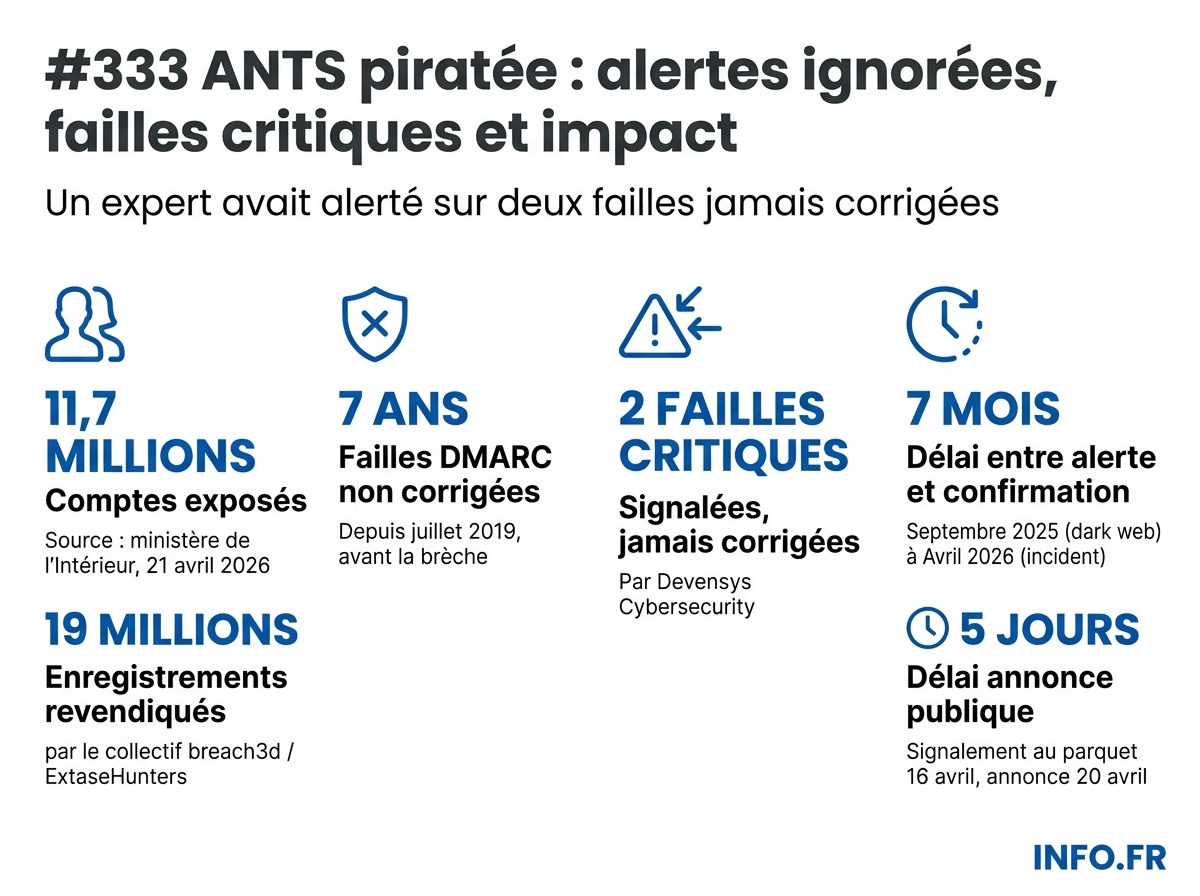 Chronologie du piratage de l'ANTS (France Titres): des failles non corrigées au vol de 11,7 millions de comptes entre septembre 2025 et avril 2026.