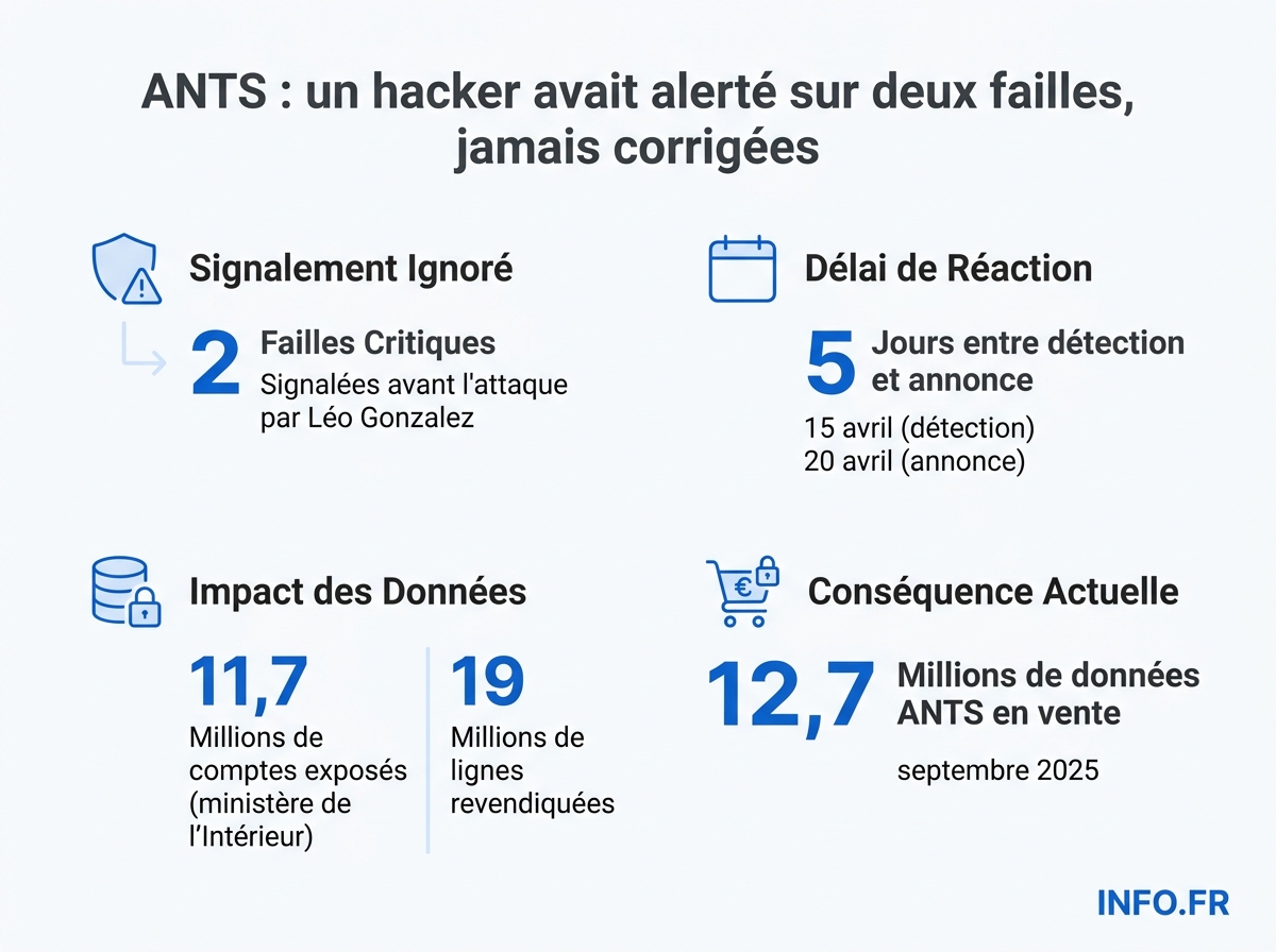Chiffres clés du piratage de l'ANTS d'avril 2026 et contexte des fuites de données publiques françaises.