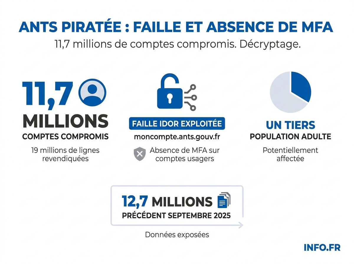 Infographie illustrant la faille IDOR, l'absence de MFA et l'arbitrage entre 19 M de lignes et 11,7 M de comptes lors de la fuite ANTS d'avril 2026.