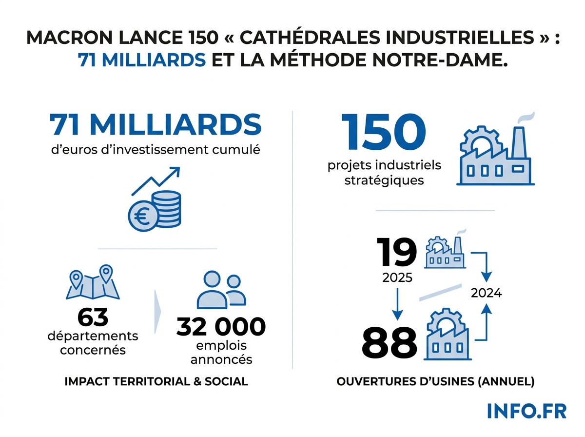 Les chiffres clés du plan Macron pour 150 cathédrales industrielles annoncé le 22 avril 2026 à Échassières.