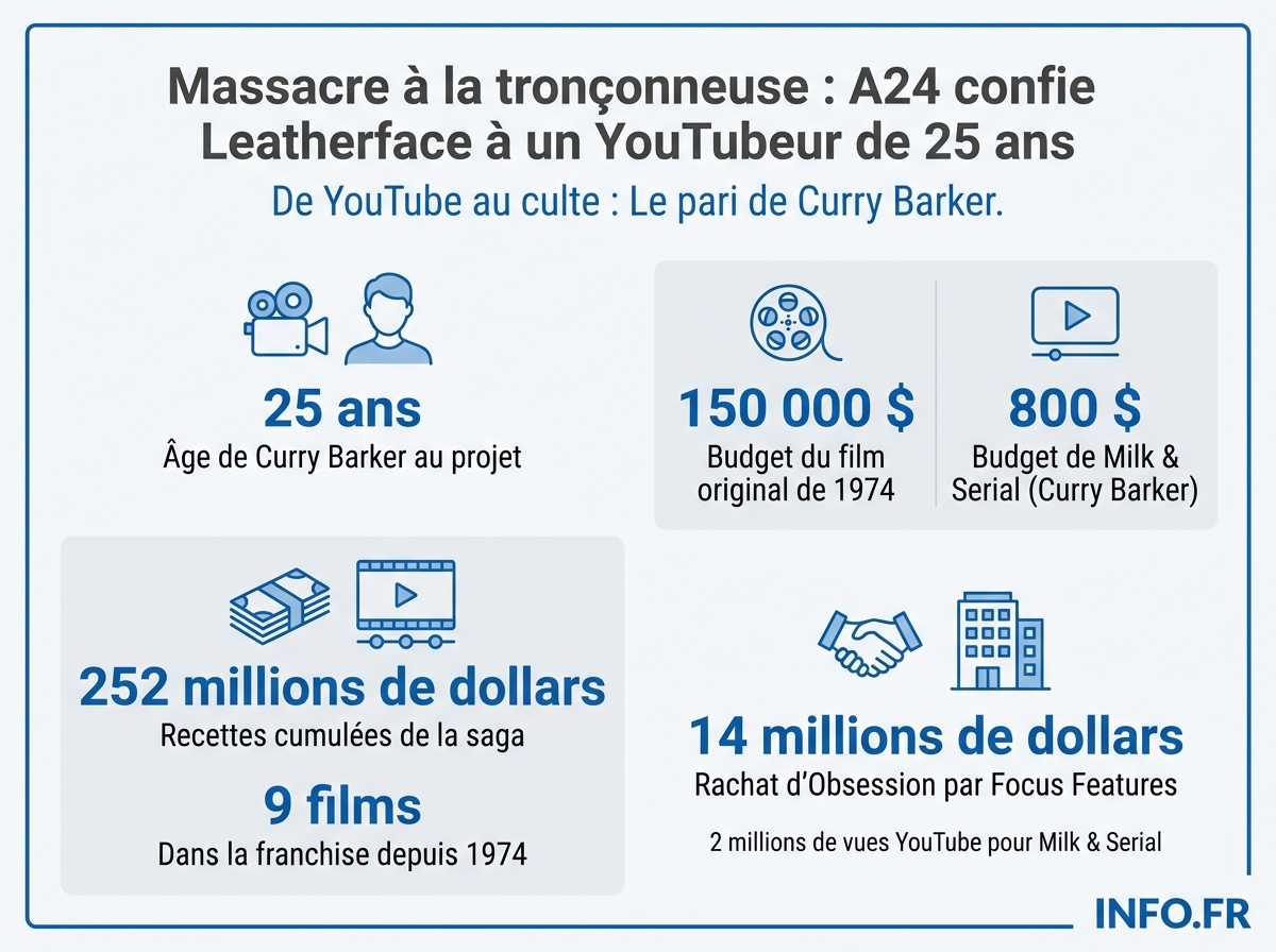Infographie comparant la trajectoire éclair de Curry Barker et les chiffres de la franchise Massacre à la tronçonneuse.