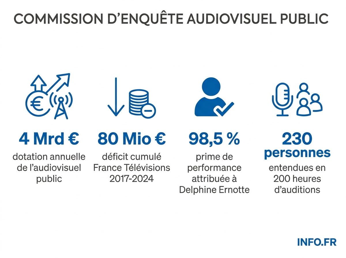 Les chiffres clés révélés par la commission d'enquête parlementaire sur l'audiovisuel public (novembre 2025 - avril 2026).