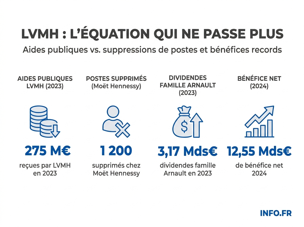 Infographie comparant les aides publiques reçues par LVMH, son bénéfice net, les dividendes versés à la famille Arnault et les suppressions de postes annoncées chez Moët Hennessy.