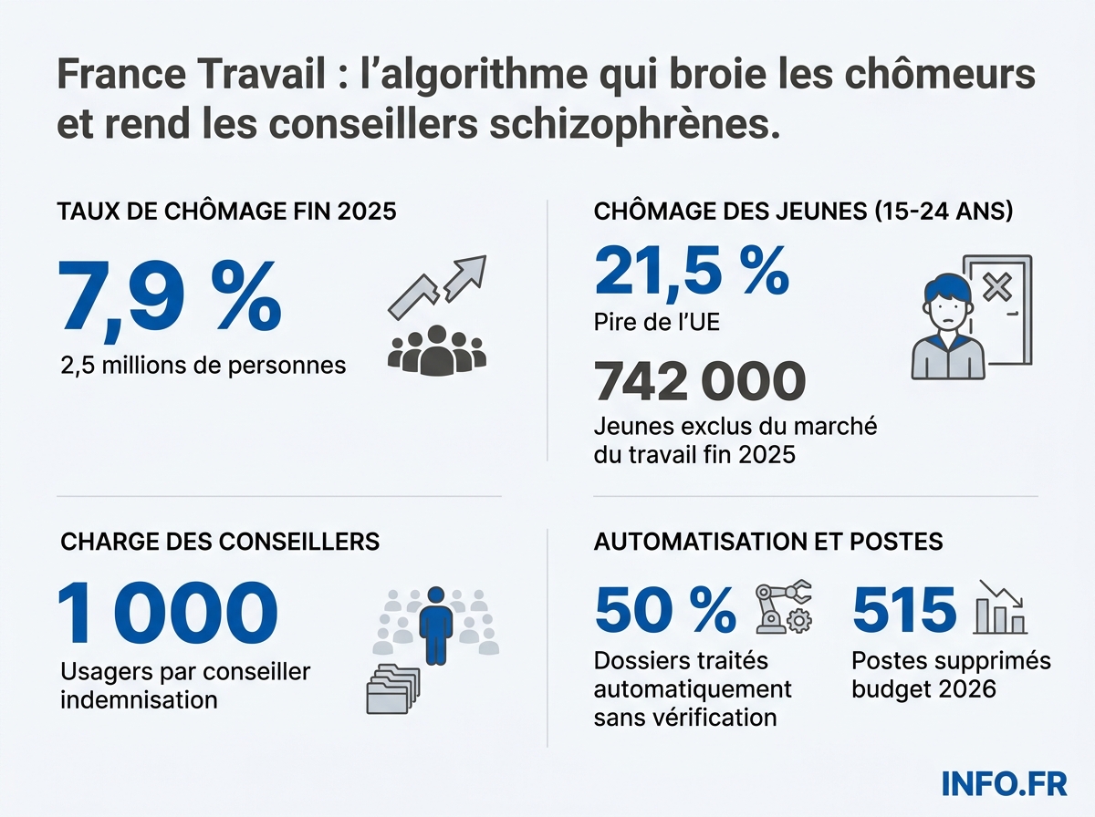 Infographie chiffrée sur le chômage en France et les moyens de France Travail fin 2025.
