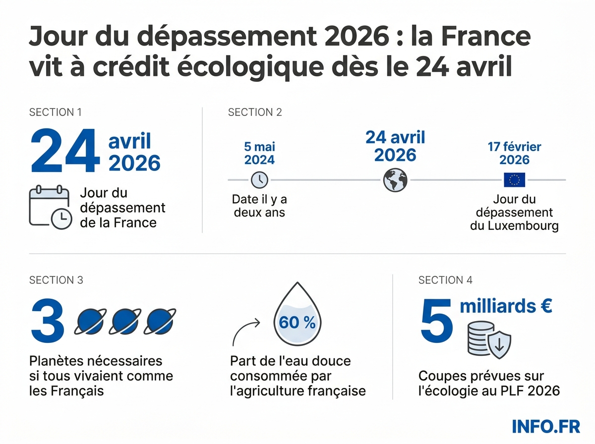 Comparatif des dates du jour du dépassement 2026 en Europe et empreinte écologique française.