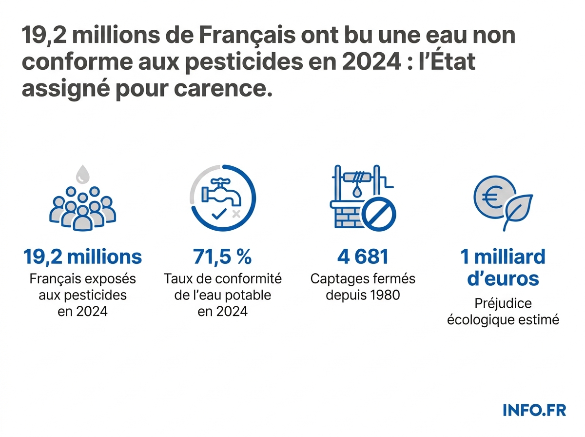 Infographie montrant l'ampleur de la contamination de l'eau potable par les pesticides en France en 2024, avec les chiffres clés et les conséquences pour les ménages.