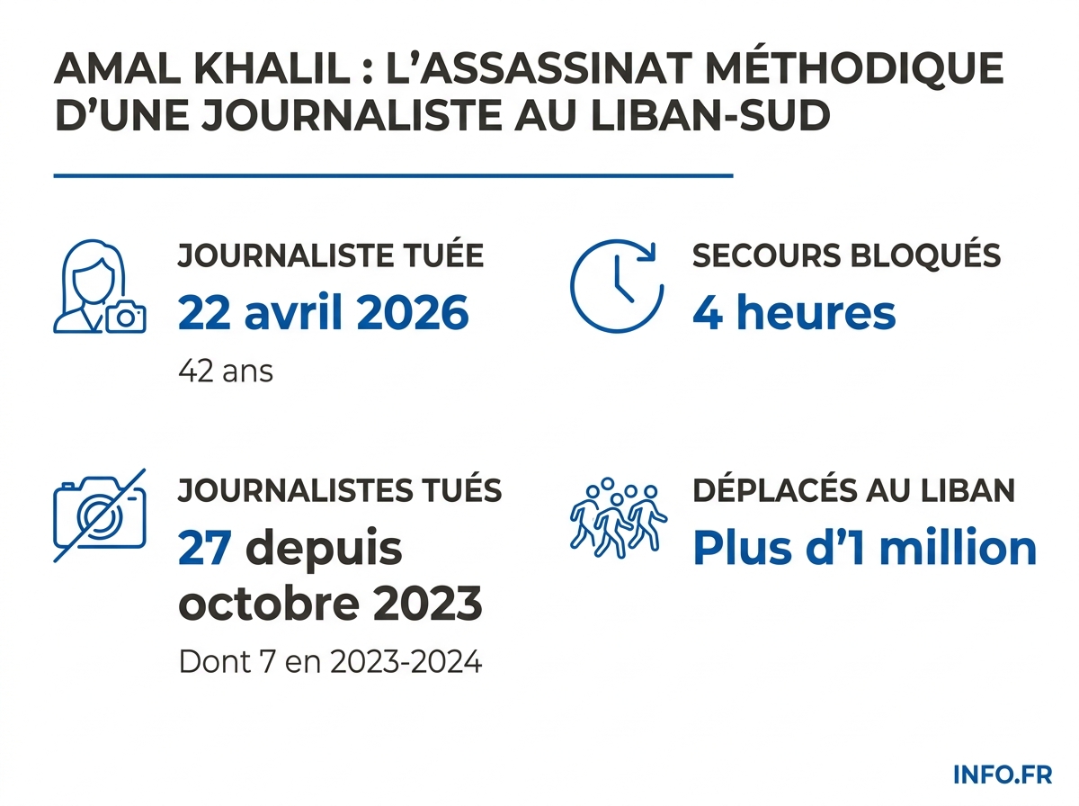 Chronologie et bilan de l'assassinat d'Amal Khalil, journaliste libanaise tuée dans une frappe israélienne le 22 avril 2026 à Tiri.