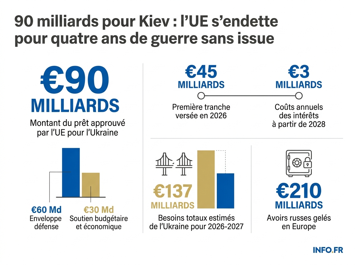 Répartition du prêt de 90 milliards d'euros accordé par l'UE à l'Ukraine pour 2026-2027, avec les coûts associés et les avoirs russes gelés en Europe.