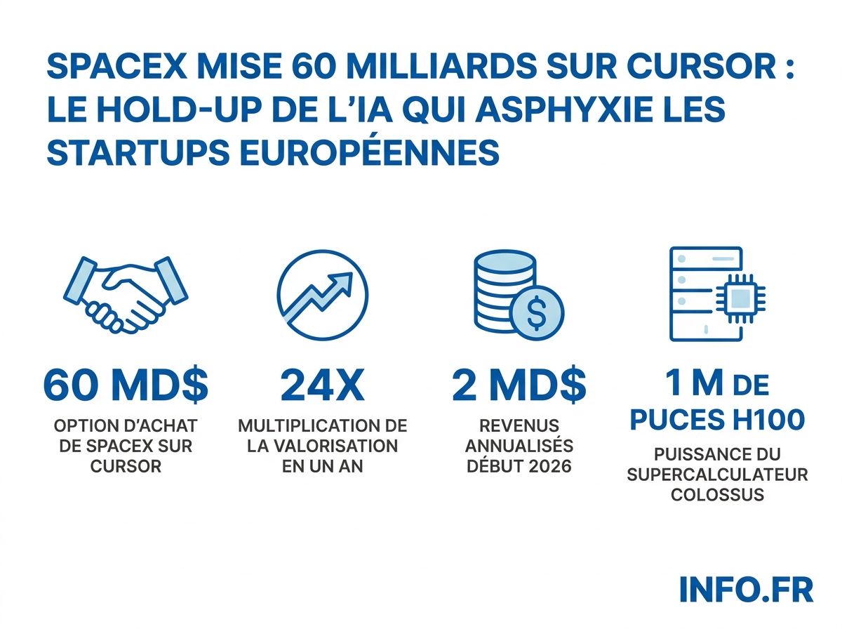 Infographie: les chiffres clés de l'option d'achat de Cursor par SpaceX et ses implications pour le marché de l'IA de code.