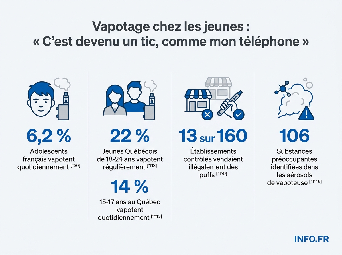 Infographie: la progression du vapotage chez les adolescents en France et au Québec, malgré les interdictions.