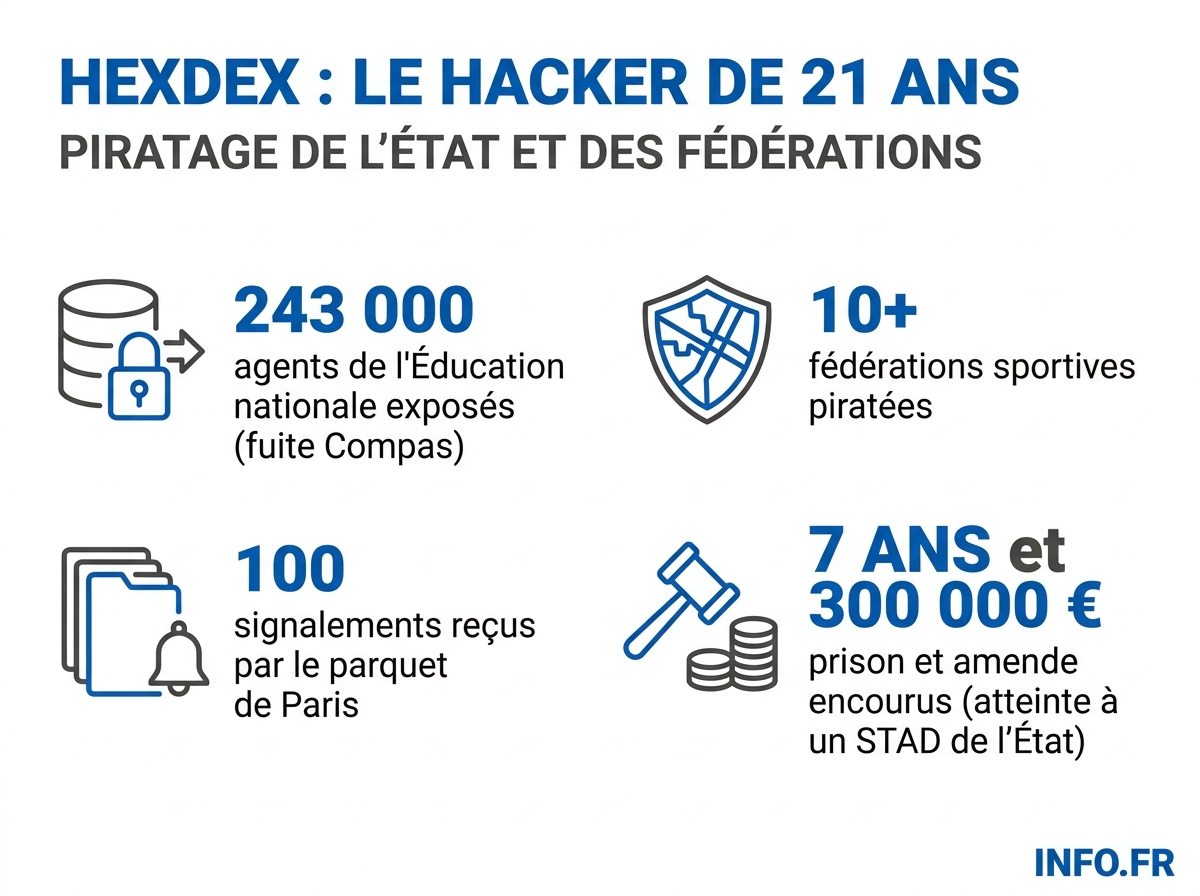 Infographie des principales données exposées par les piratages attribués à HexDex et des peines encourues pour atteintes à un STAD en France.