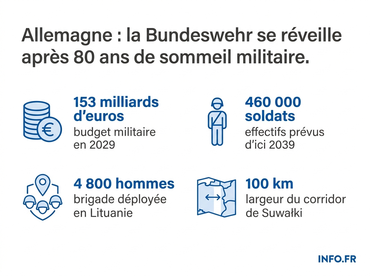 Infographie montrant l'évolution du budget et des effectifs militaires allemands entre 2024 et 2039, avec un focus sur le déploiement en Lituanie.