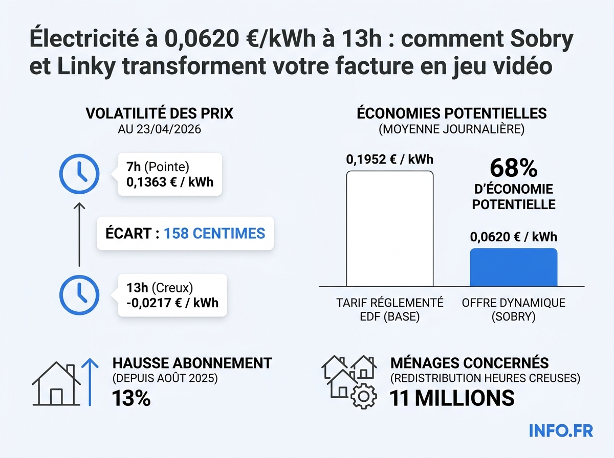 Prix de l'électricité en tarification dynamique le 23 avril 2026: écarts entre heures creuses solaires et pic matinal, et comparaison avec le tarif réglementé d'EDF.