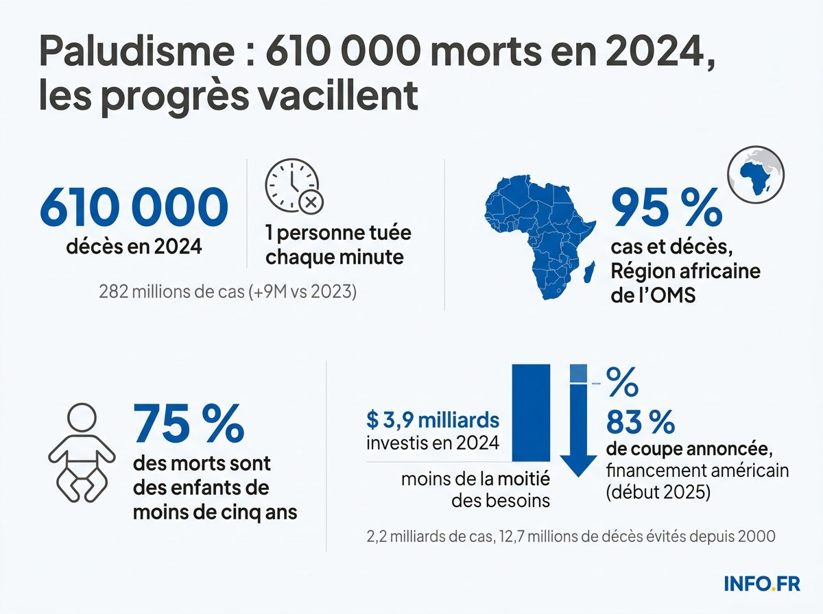 Statistiques clés du rapport OMS 2024 sur le paludisme: cas, décès, financement et impact des coupes budgétaires américaines.