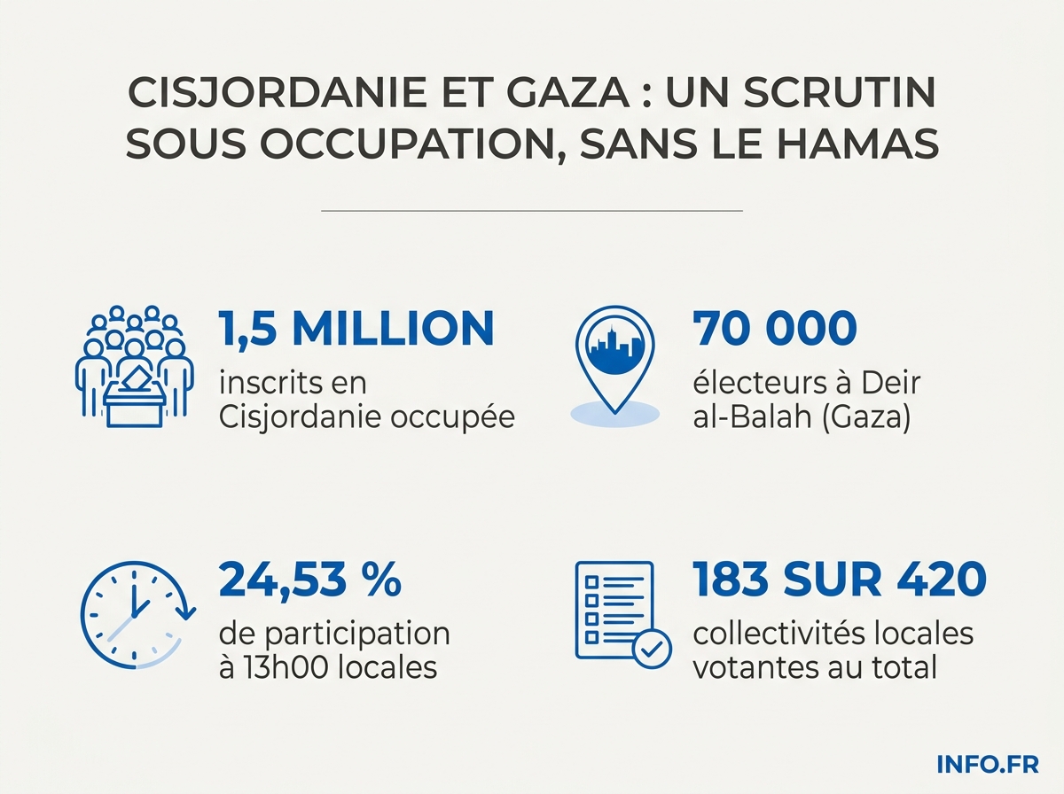 Données clés des élections municipales palestiniennes du 25 avril 2026 en Cisjordanie occupée et à Deir al-Balah, dans le centre de la bande de Gaza.