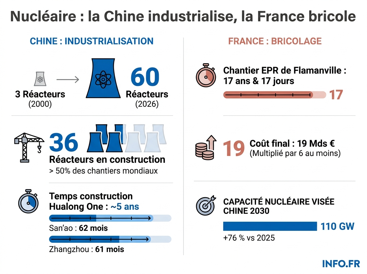 Comparaison des rythmes de construction nucléaire entre la Chine et la France: 60 réacteurs en service côté chinois, un seul nouveau couplage en France après 17 ans de chantier.