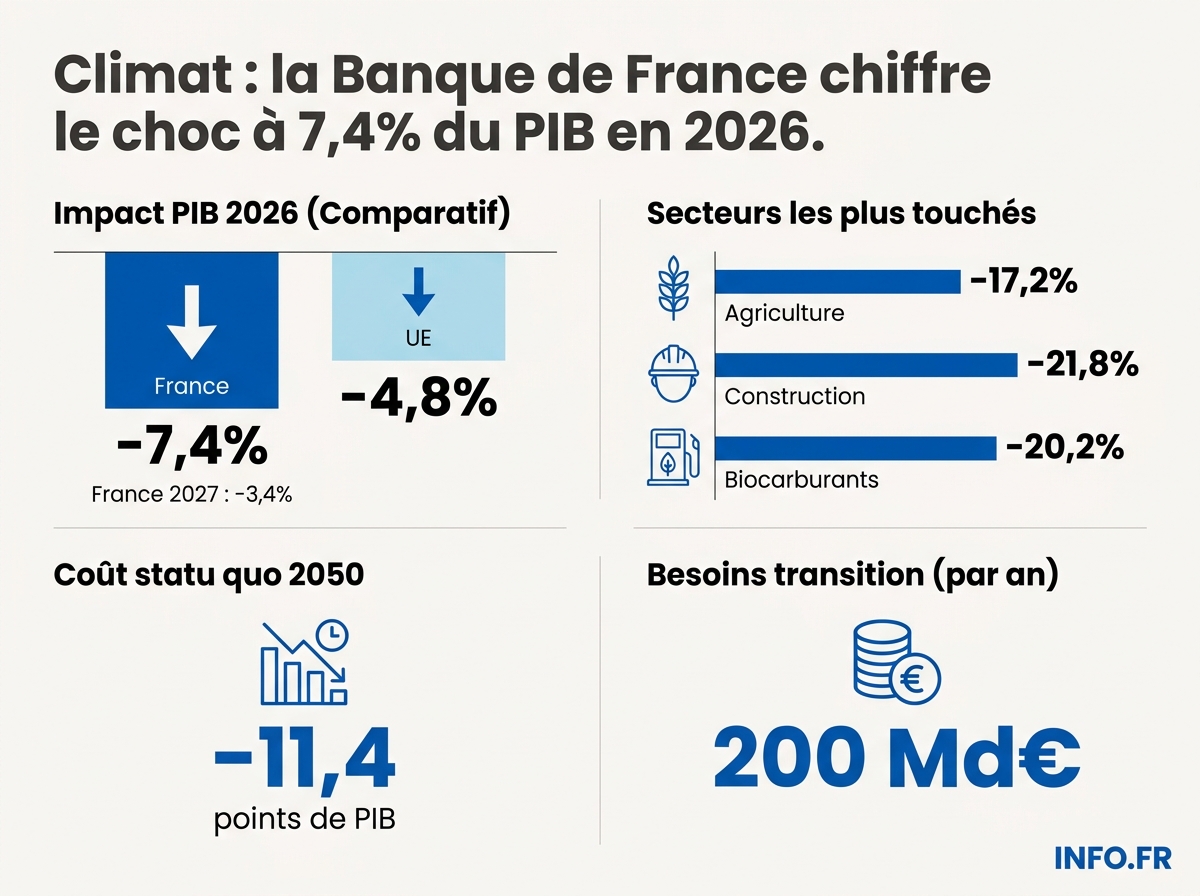 Comparaison des pertes de PIB projetées en 2026 selon le scénario climatique du NGFS pour la France et ses partenaires économiques.