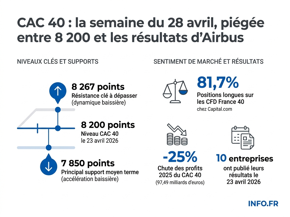 Niveaux techniques et données macro du CAC 40 à l'ouverture de la semaine du 28 avril 2026.