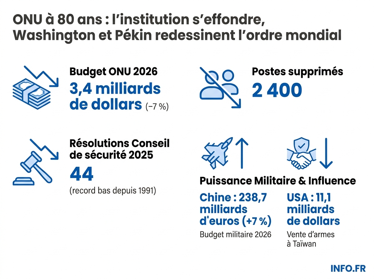Budget ONU 2026 en baisse, vetos record et course aux armements USA-Chine: les chiffres-clés de la crise multilatérale.