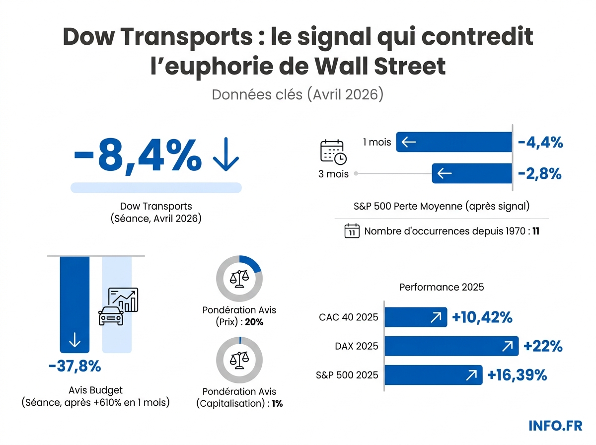 Comparaison du signal historique du Dow Jones Transportation Average et de la performance moyenne du S&P 500 sur les douze mois suivants depuis 1970.