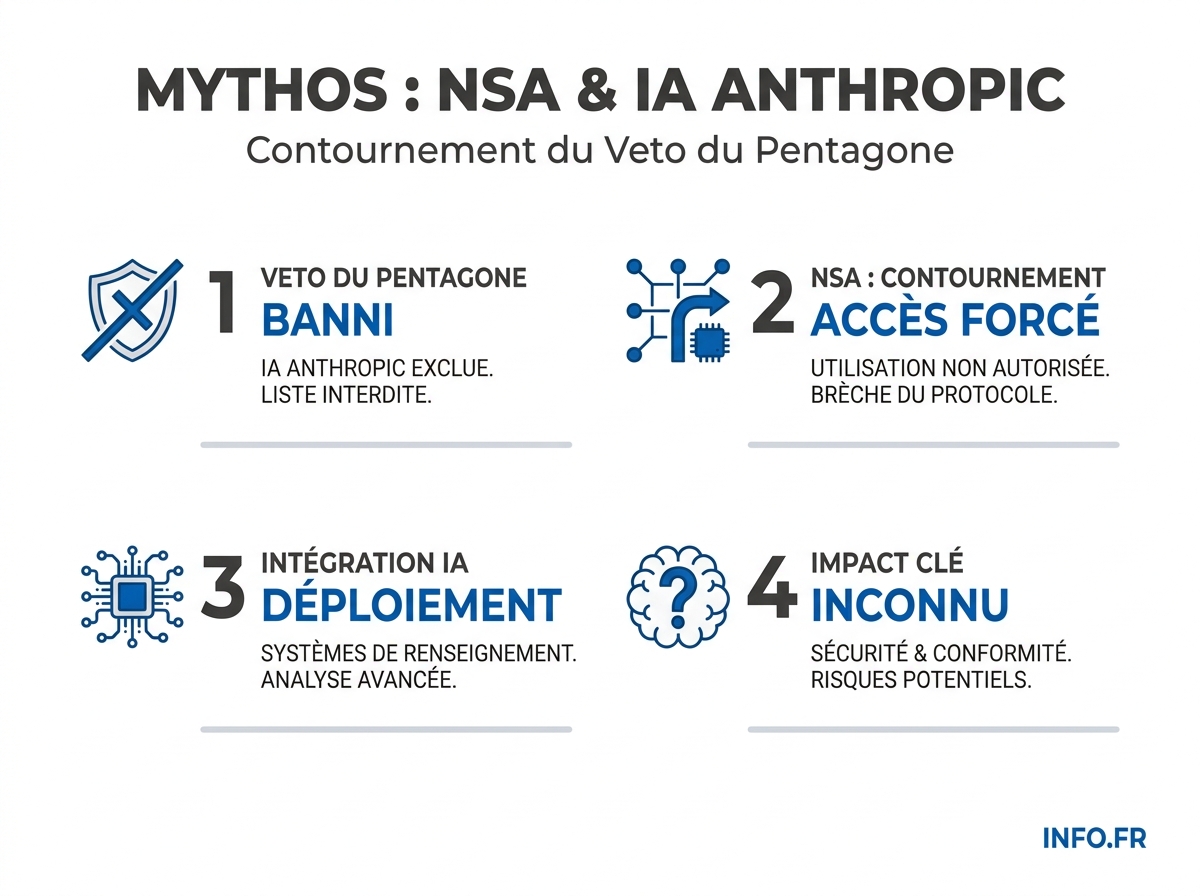 Chronologie et chiffres clés du conflit entre le Pentagone, la NSA et Anthropic autour du modèle d'intelligence artificielle Mythos Preview en 2026.