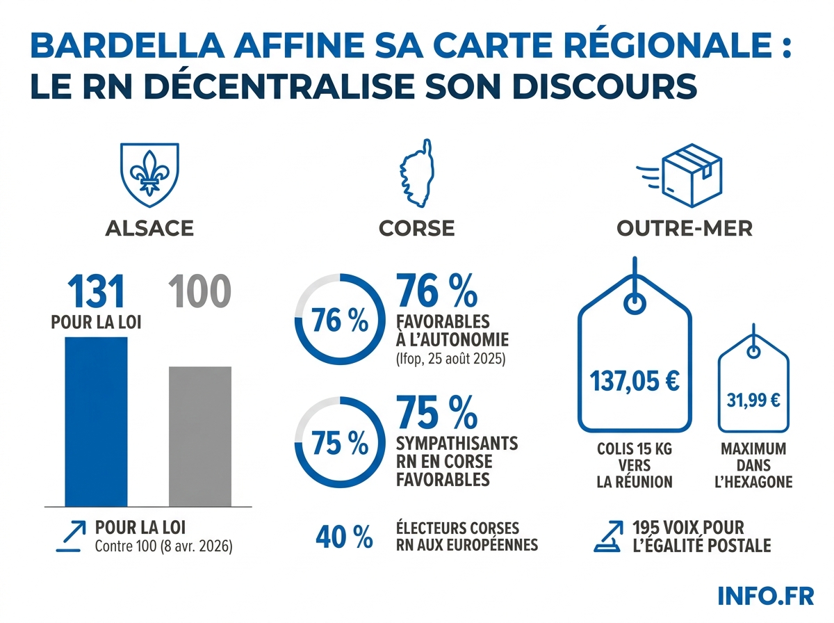 Données chiffrées illustrant la stratégie régionale du RN entre 2024 et 2026 sur l'Alsace, la Corse et l'Outre-mer.