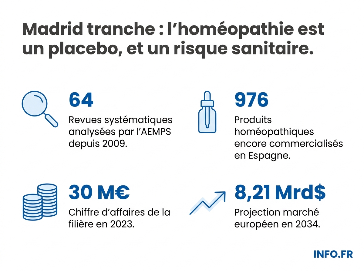 Données chiffrées du rapport de l'AEMPS sur l'homéopathie en Espagne et du marché européen.