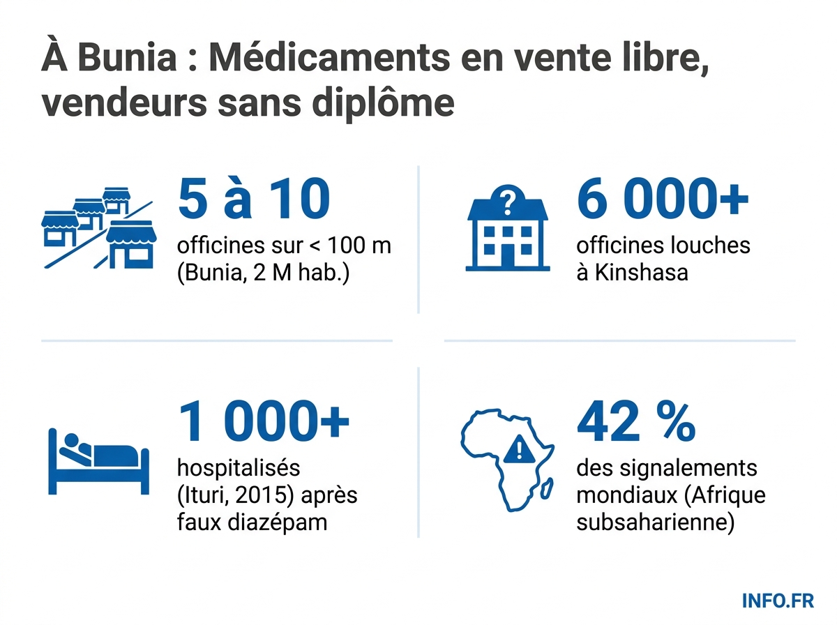 Données chiffrées sur la vente illégale de médicaments à Bunia et en RDC, sources: Radio Okapi, RFI, OMS, MSF.