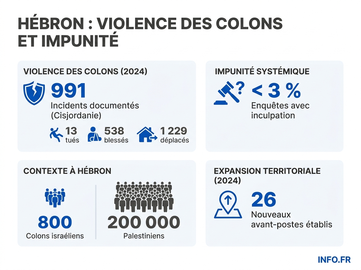 Données chiffrées sur les violences de colons israéliens et l'impunité judiciaire en Cisjordanie occupée selon les rapports de l'UE et de l'ONU.