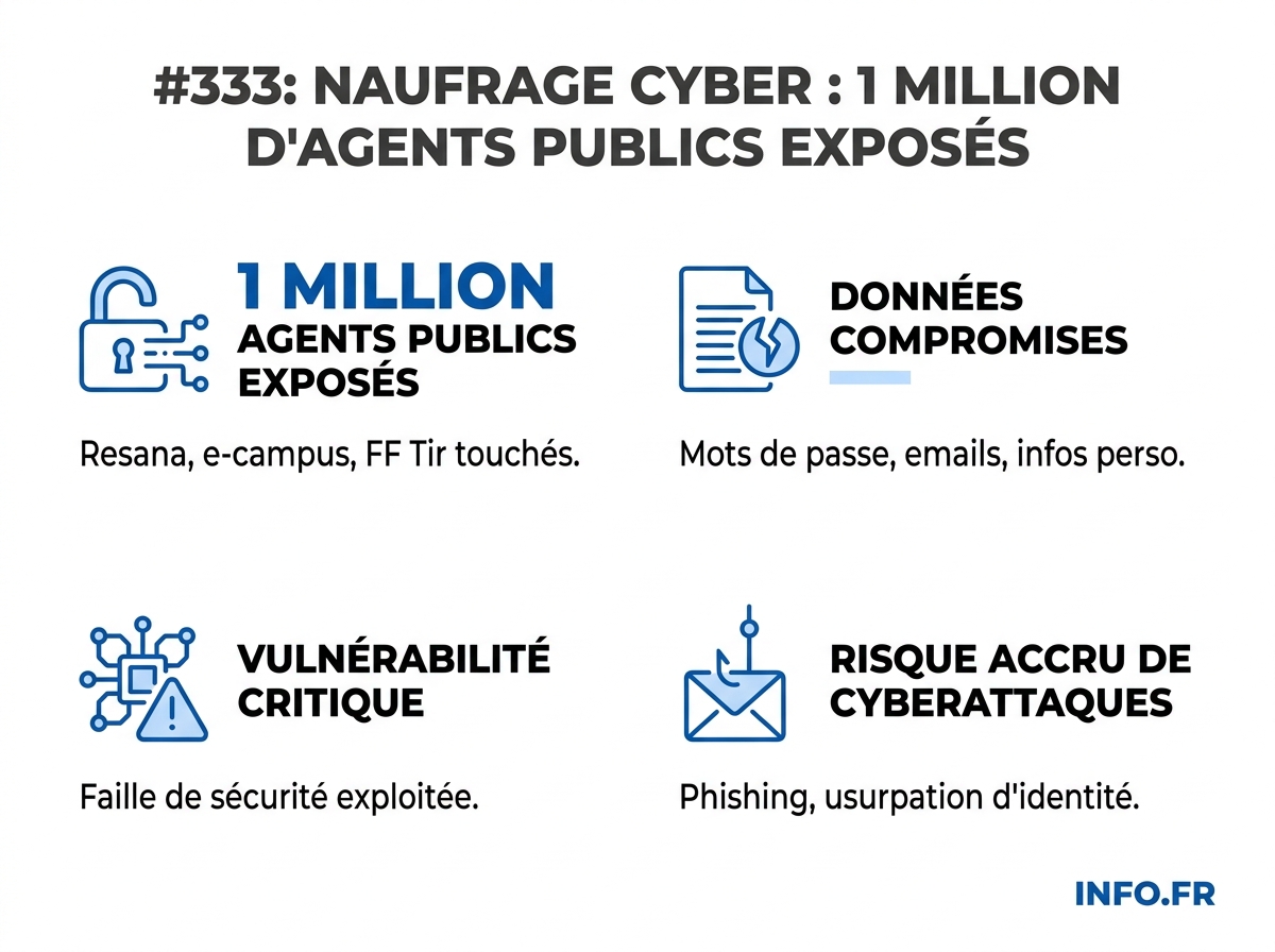 Infographie cartographiant l'ampleur du piratage Resana, e-campus et fédération française de tir: volumes de données, rançons et conséquences criminelles.