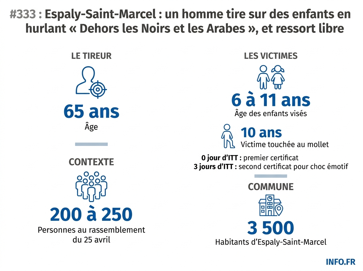 Chronologie et chiffres clés de l'affaire d'Espaly-Saint-Marcel: un homme de 65 ans a tiré à la carabine près de dix enfants le 19 avril 2026 en Haute-Loire.