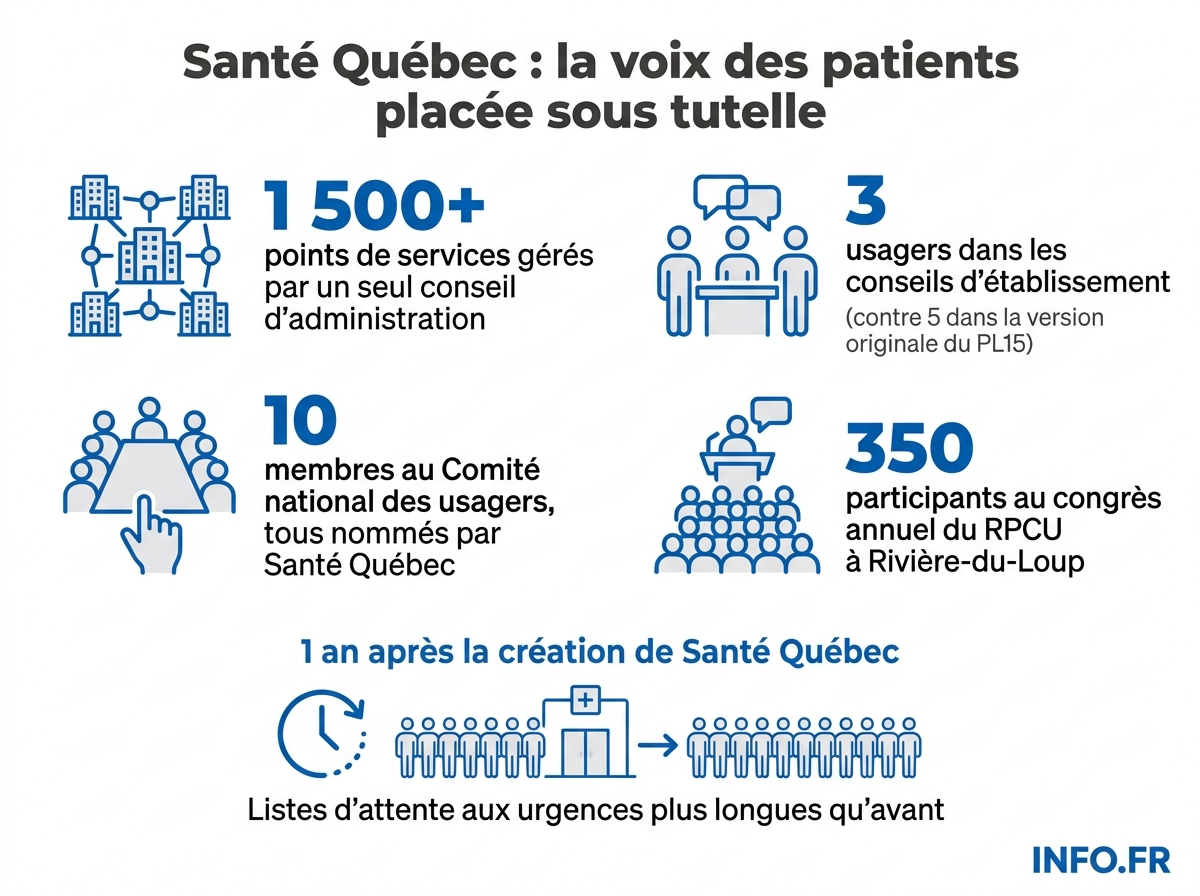 Infographie sur la centralisation du système de santé québécois et la mise sous tutelle des comités d'usagers par l'agence Santé Québec.