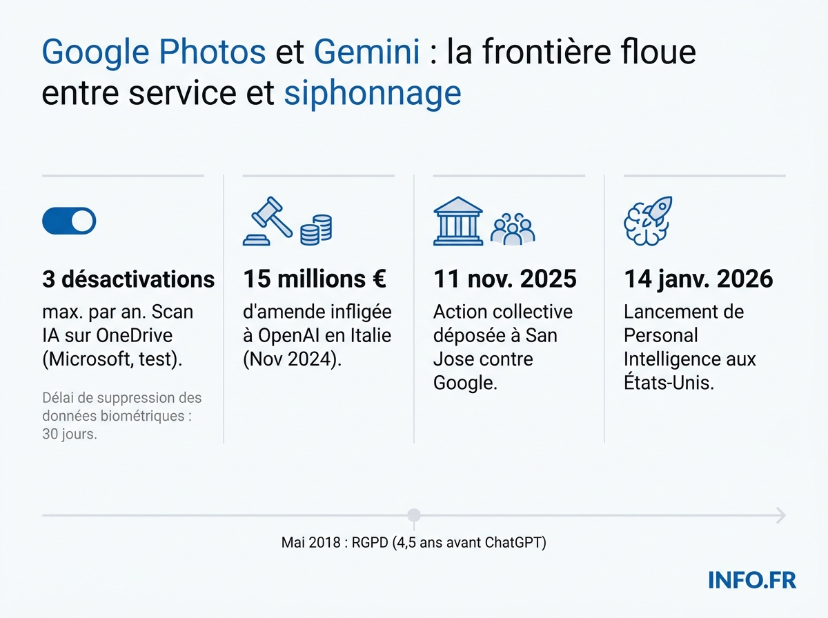 Chronologie et chiffres clés de la confrontation entre les politiques IA de Google et Microsoft et le cadre européen de protection des données.