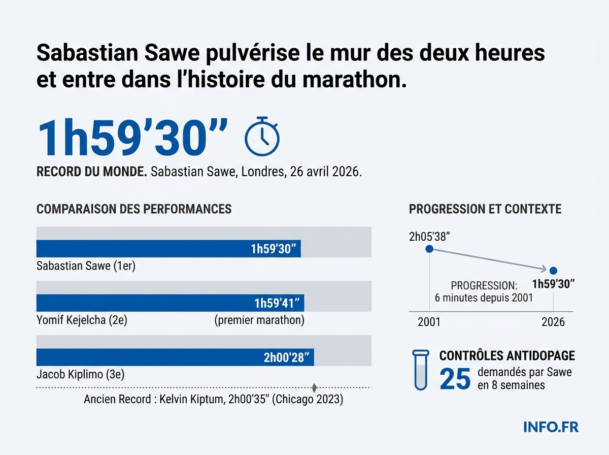 Les chiffres du marathon de Londres 2026: Sabastian Sawe brise la barrière des deux heures et trois athlètes battent l'ancien record du monde de Kelvin Kiptum.