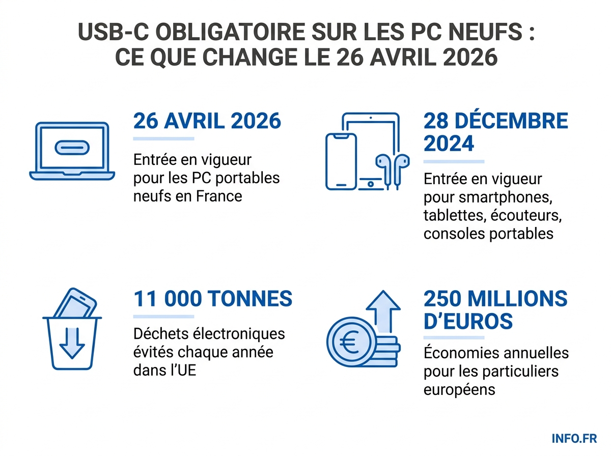 Les chiffres-clés du chargeur universel USB-C imposé sur les ordinateurs portables vendus en France à partir du 26 avril 2026.