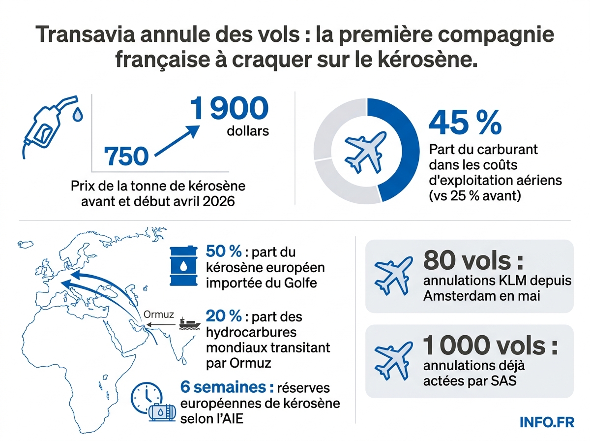 Infographie: la mécanique de la crise du kérosène et ses conséquences sur le secteur aérien européen, avril 2026.