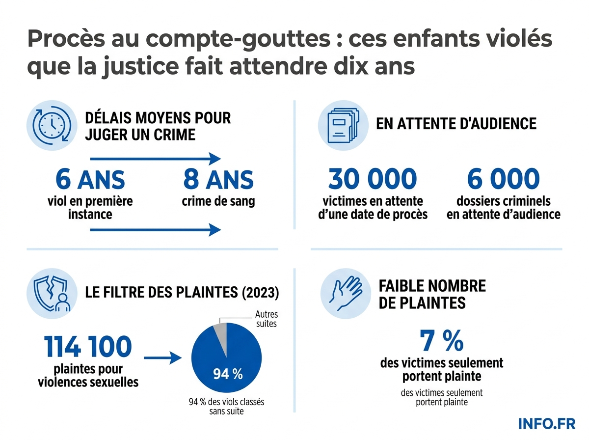 Les chiffres clés des délais judiciaires français en matière de violences sexuelles, sources Ministère de la Justice et Sénat.