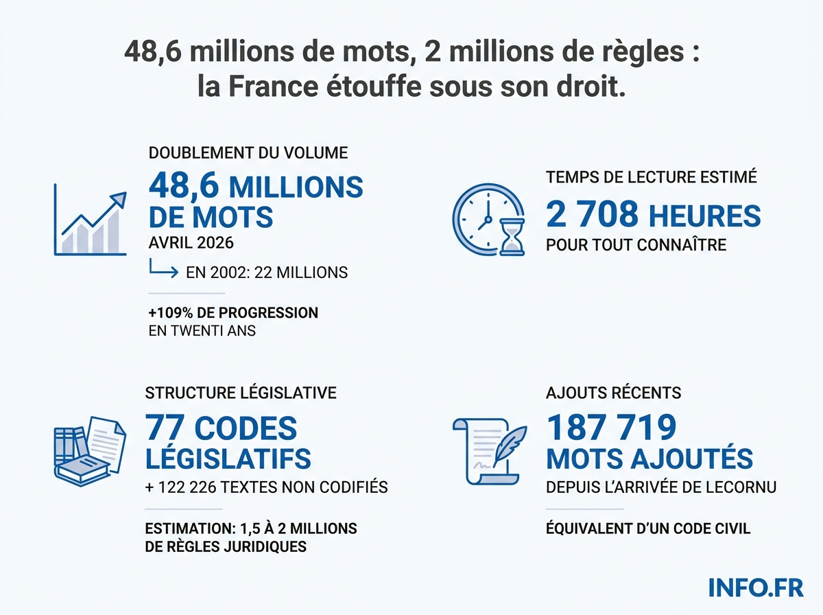 Évolution du volume du droit français en mots, 2002-2026, sources Légifrance et Vigienormes.fr.
