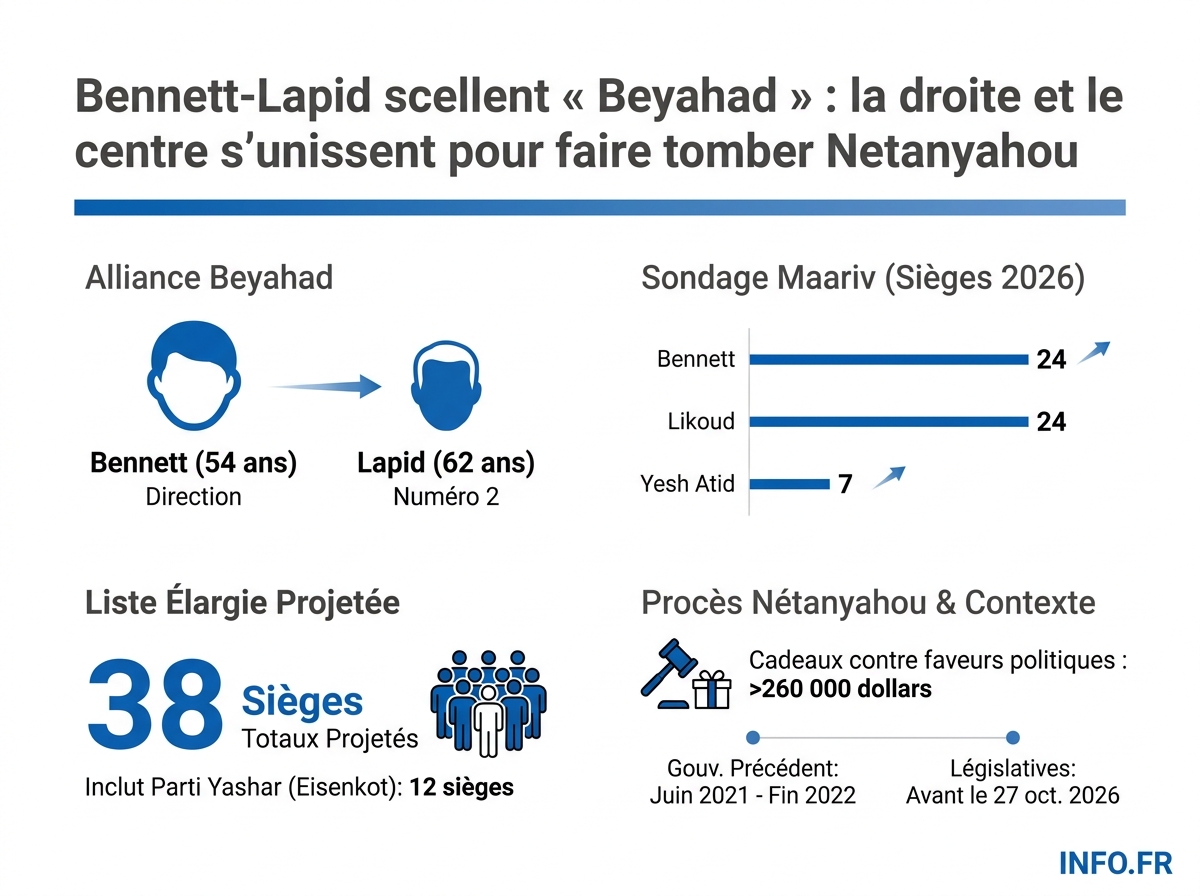 Répartition projetée des sièges à la Knesset selon le sondage Maariv et impact de la fusion Bennett-Lapid sur le bloc anti-Nétanyahou.