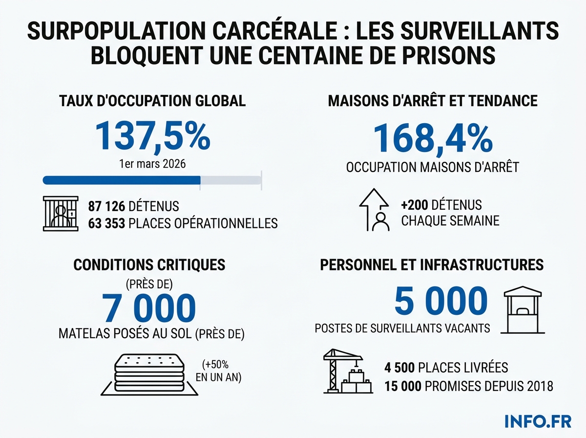 Infographie de la surpopulation carcérale en France au 1er mars 2026: taux d'occupation, places manquantes, matelas au sol et postes vacants.