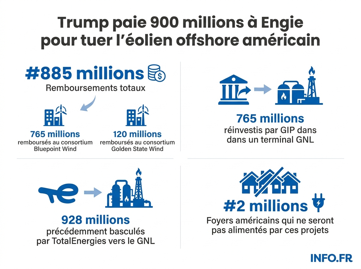 Répartition des 885 millions de dollars restitués par l'administration Trump aux consortiums éoliens offshore Bluepoint Wind et Golden State Wind, et part réinvestie dans des infrastructures gazières américaines.