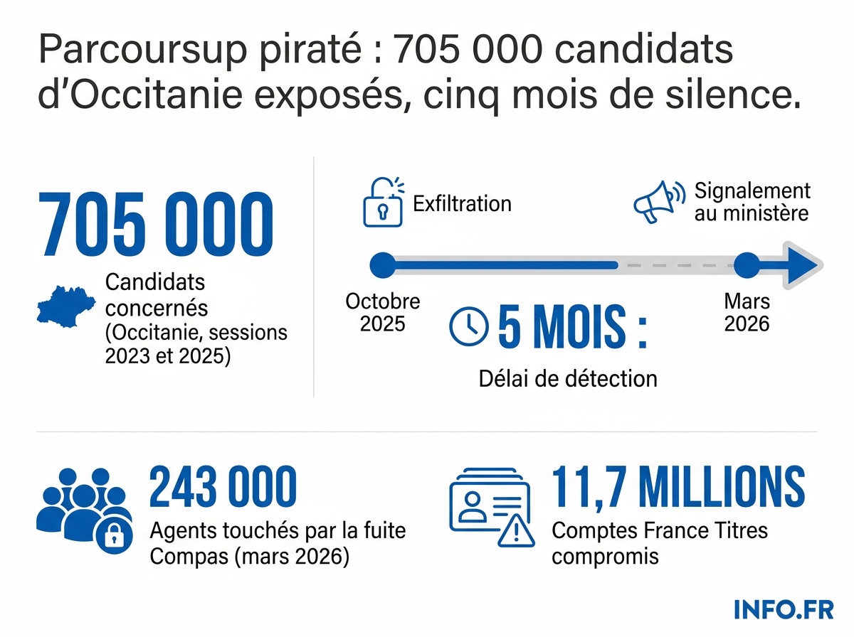 Chronologie et ampleur de la fuite de données Parcoursup affectant 705 000 candidats d'Occitanie.