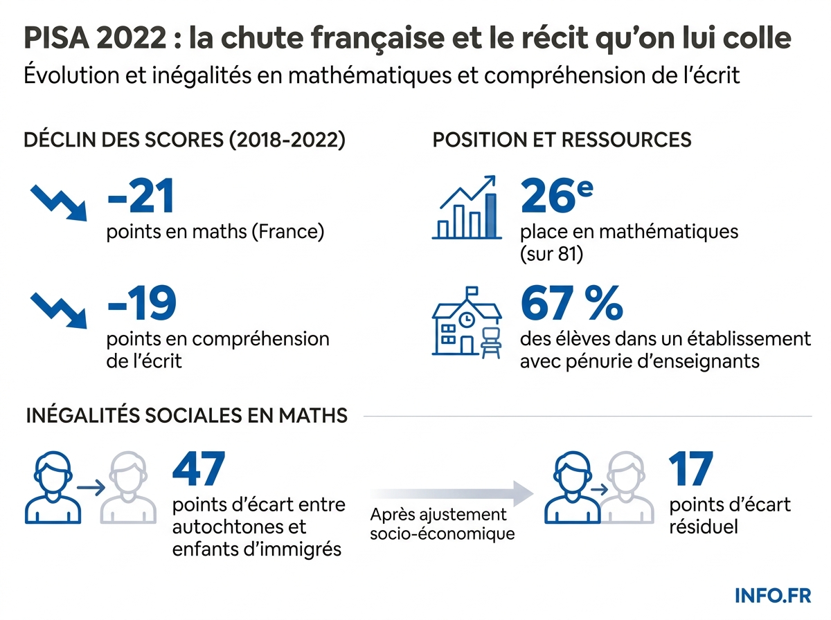 Évolution des scores PISA de la France et écarts socio-économiques entre 2018 et 2022 selon les données OCDE.