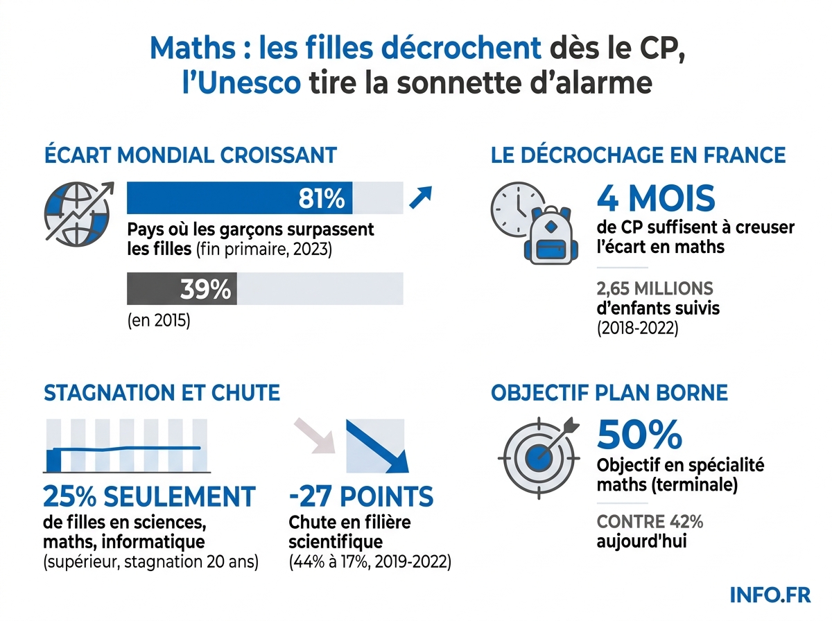 Données chiffrées sur le décrochage des filles en mathématiques en France et dans le monde, sources Unesco, Timss, étude Dehaene-Martinot et plan ministériel.