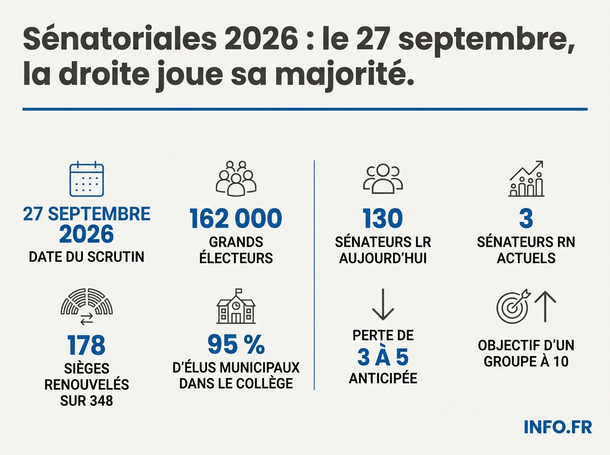 Calendrier et rapports de force des élections sénatoriales du 27 septembre 2026: 178 sièges renouvelés, 162 000 grands électeurs, seuil de majorité absolue à 175.