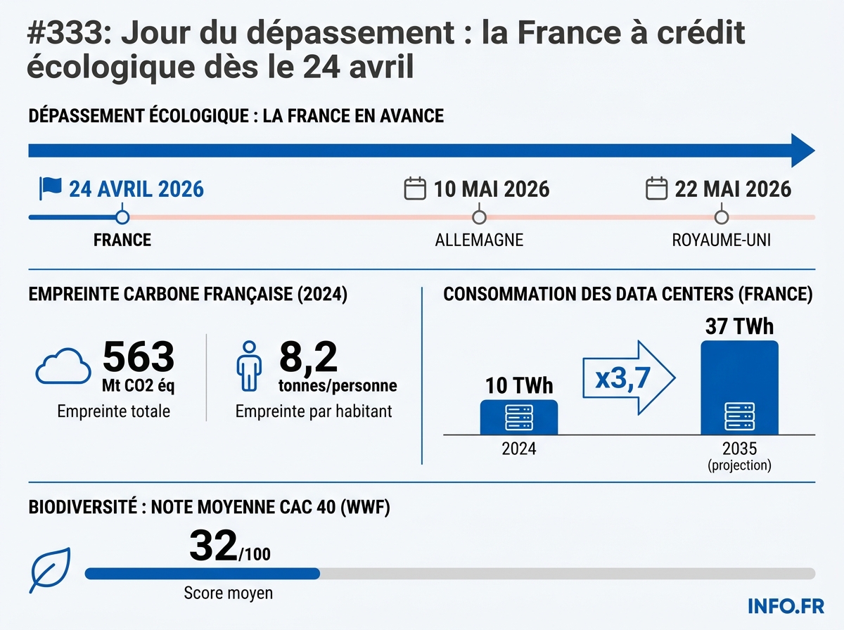 Comparaison du jour du dépassement écologique 2026 entre la France, l'Allemagne, le Royaume-Uni et l'Espagne, et projection de la consommation des data centers français.