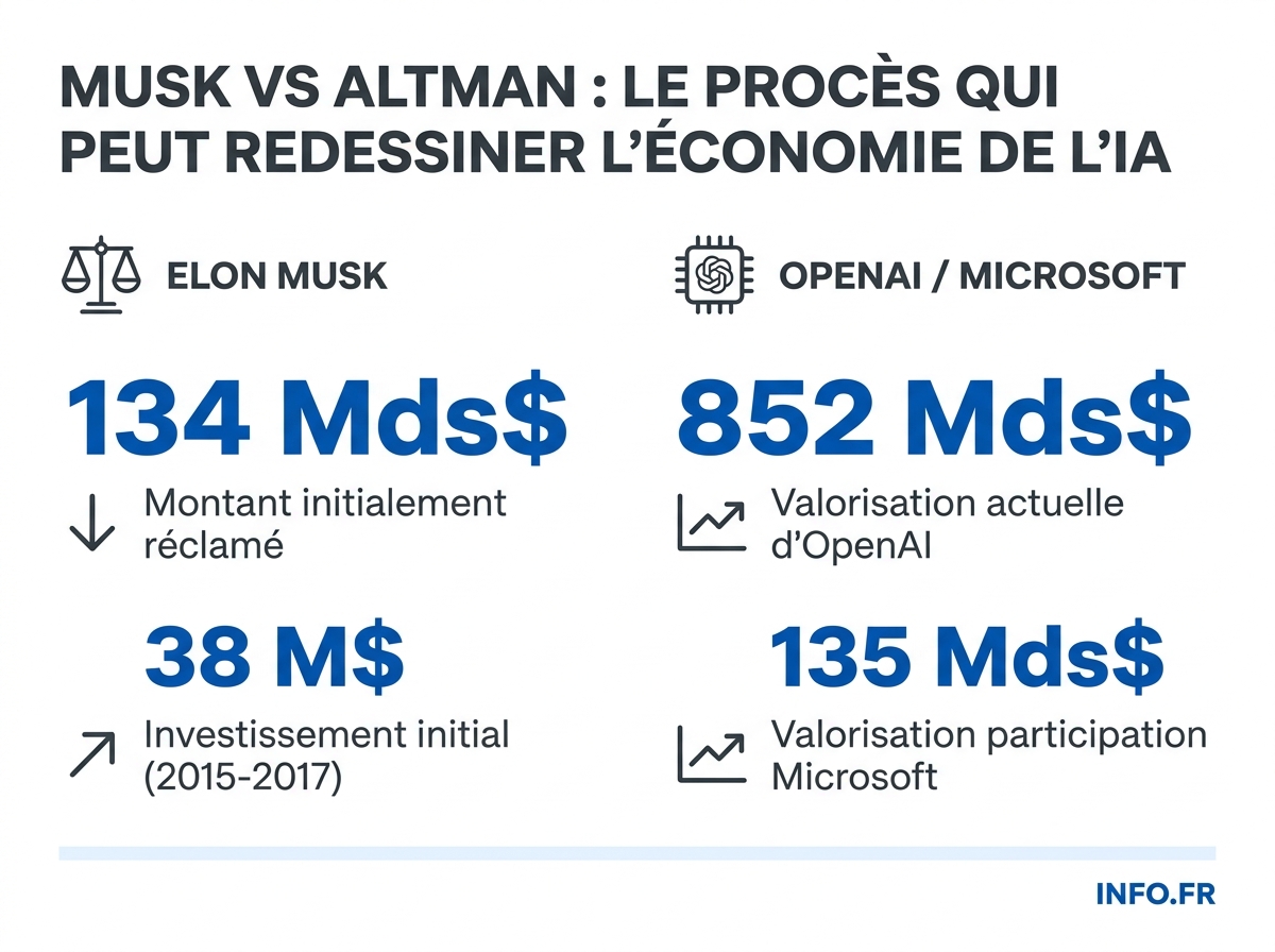 Les chiffres clés du procès Musk vs Altman à Oakland en avril 2026.