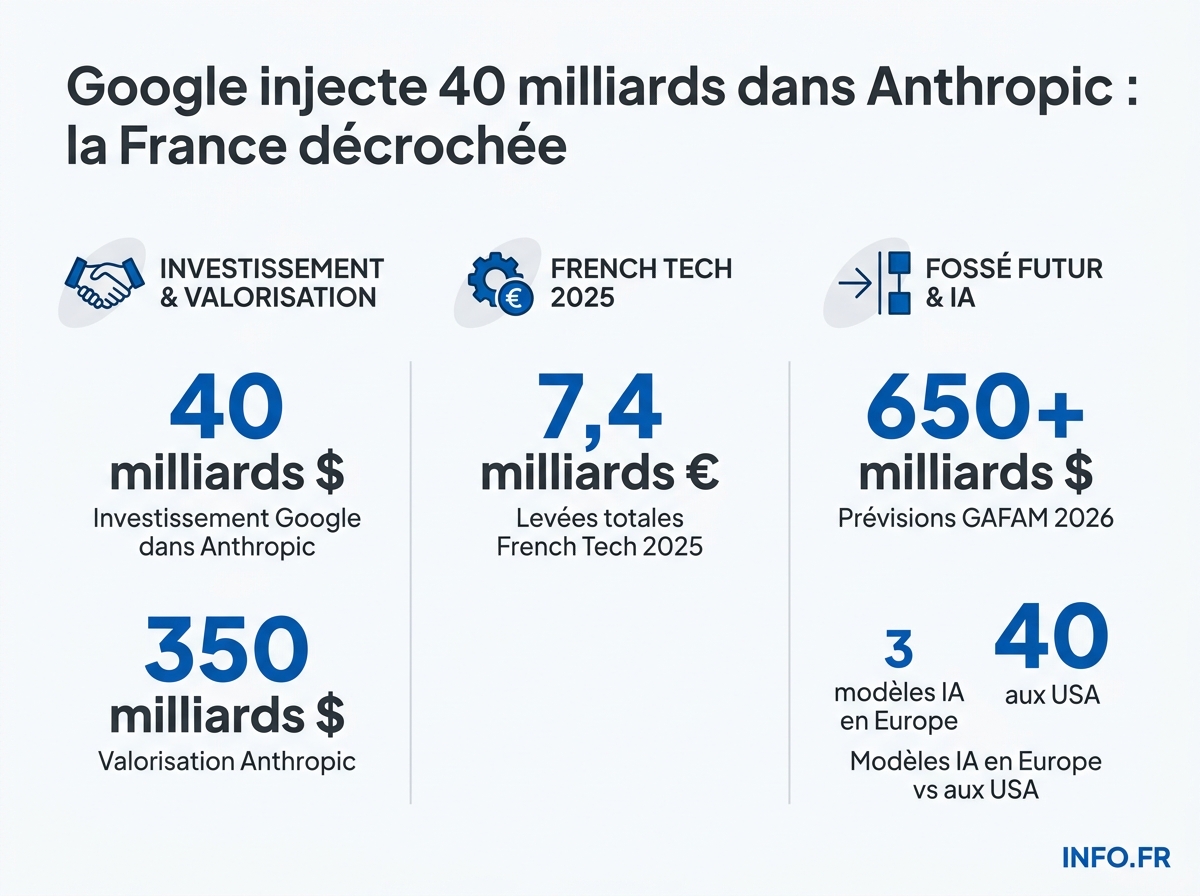 Comparaison entre l'investissement Google dans Anthropic (40 Md$) et les levées cumulées de la French Tech 2025 (7,4 Md€).