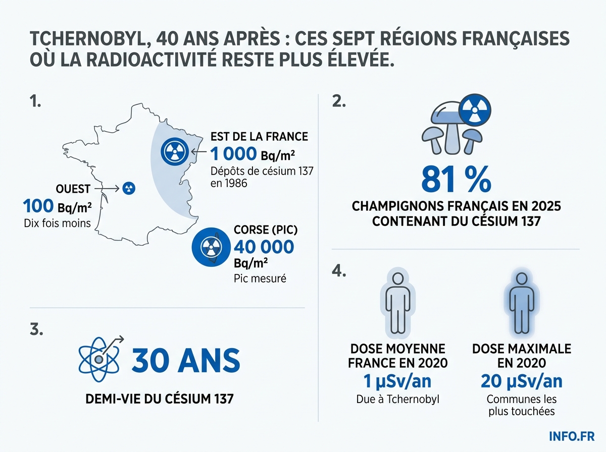 Infographie sur les retombées radioactives de Tchernobyl en France métropolitaine, 40 ans après l'accident, données ASNR et Acro.