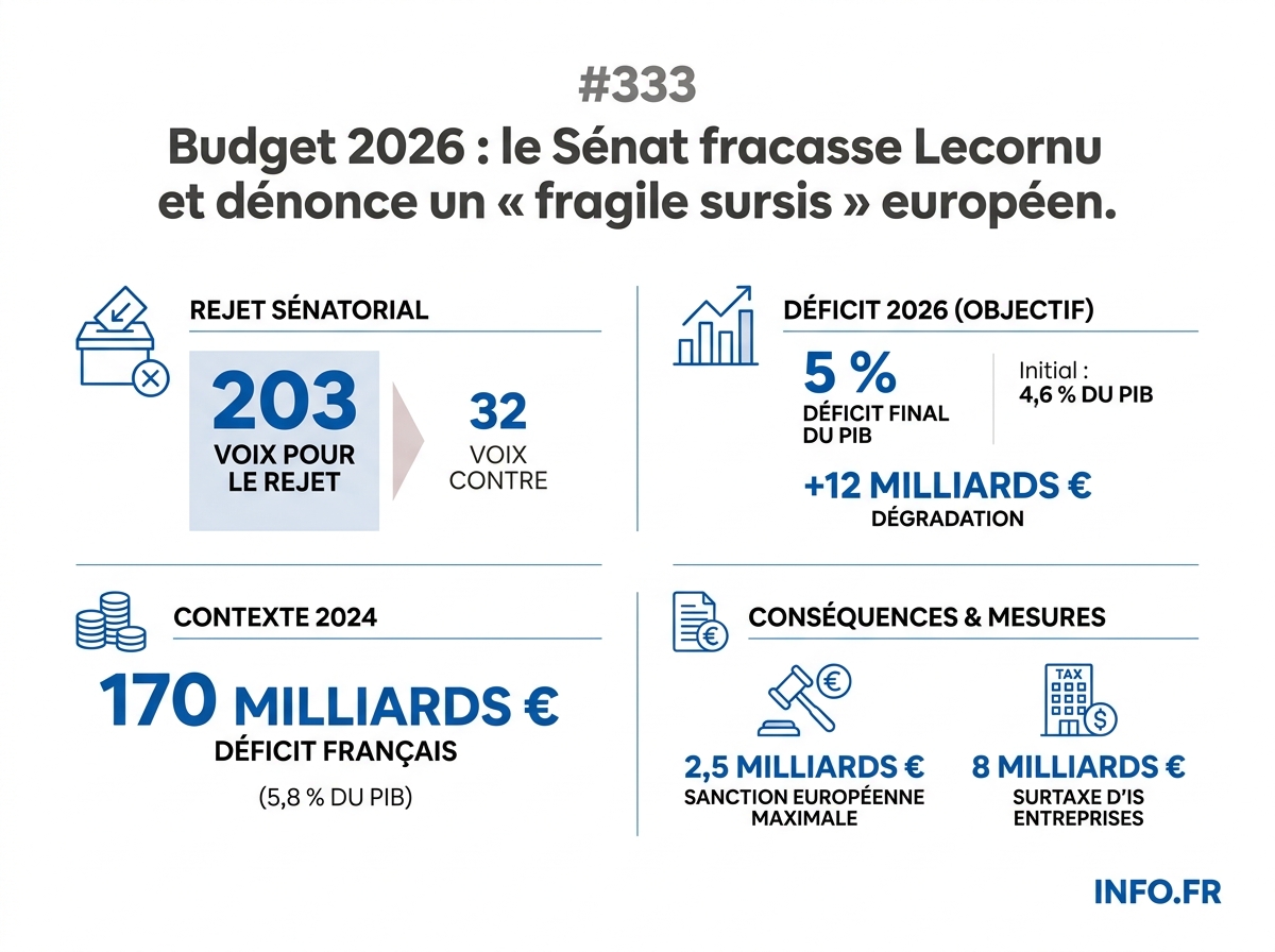 Infographie chiffrée du rejet du budget 2026 par le Sénat et de la dérive du déficit français.